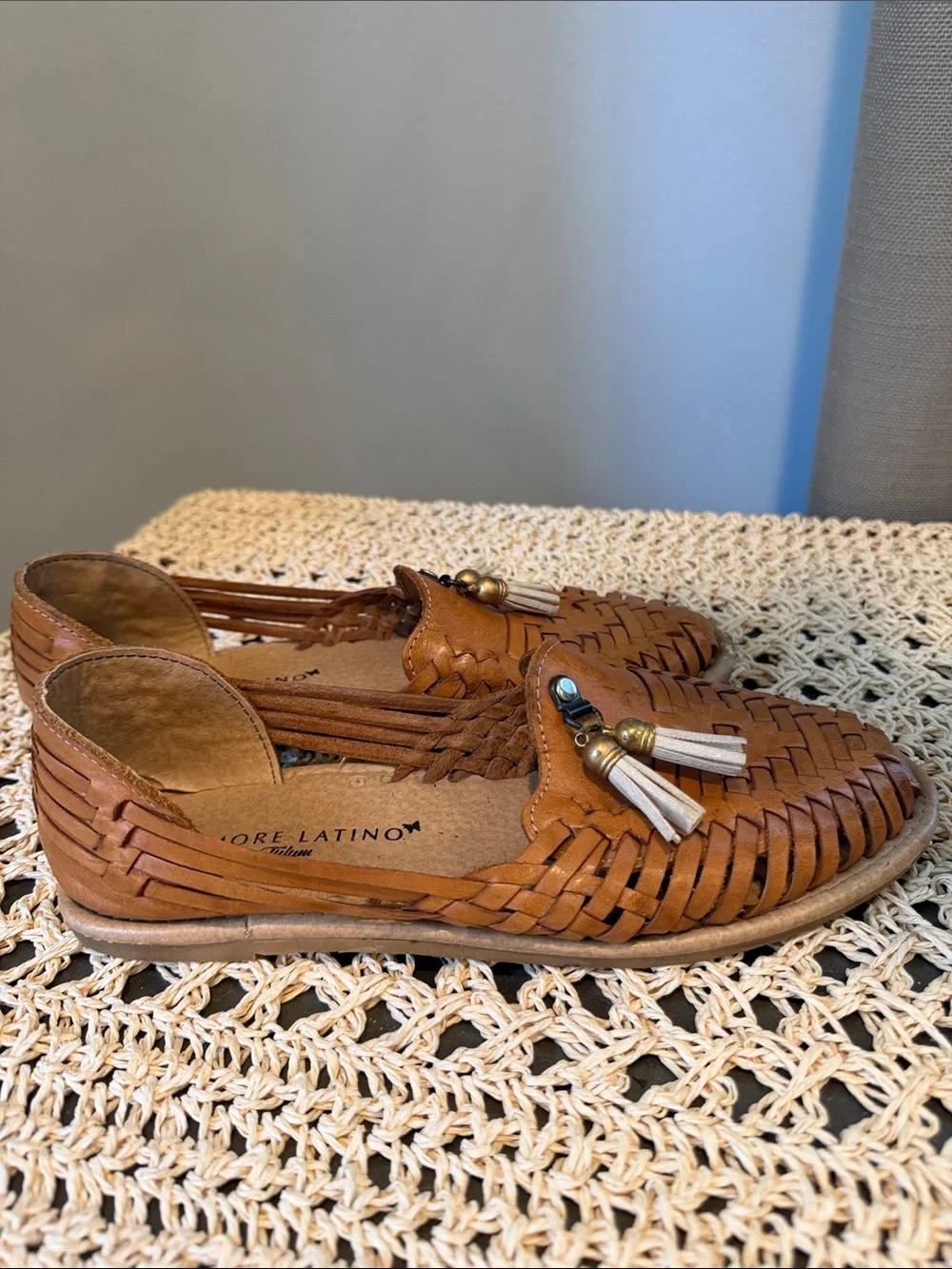Tan Woven Leather Slip-On Loafers with Tassel Detail